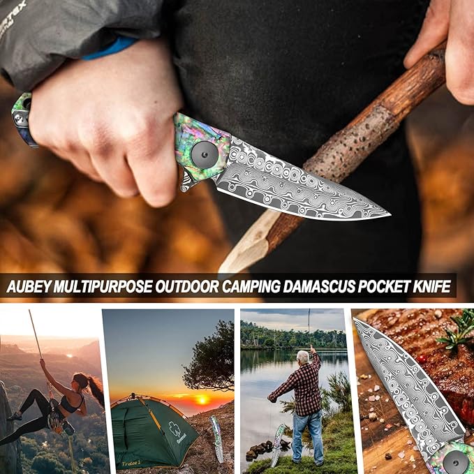 AUBEY Damascus Pocket Knife for Women Men, Sharp 3.23" Damascus Steel Blade Knife with Clip, EDC