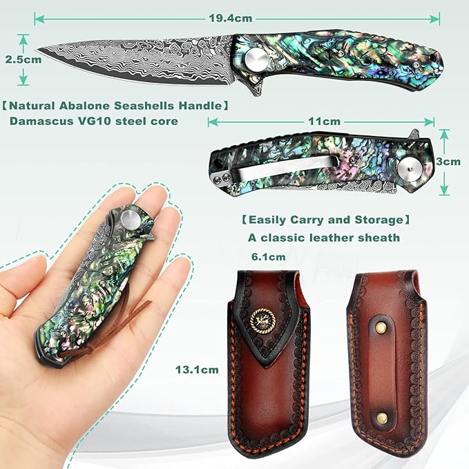 Benkey Damascus Pocket Knife with Clip Leather Sheath Sharp VG10 Core Folding Knife, EDC with Liner