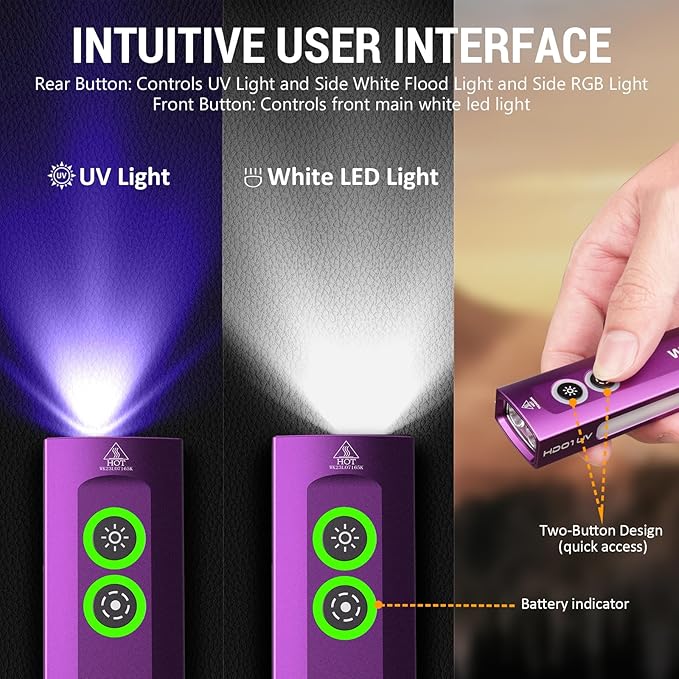 Wurkkos HD01 UV Flashlight, Rechargeable EDC Flashlight, Led Flashlight with 365nm UV Light, 1200