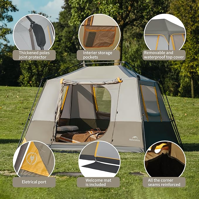 Naturehike Cape 4/6/8 Person Camping Tent, 60S Easy Setup Instant Tent Pop up Tent, Waterproof