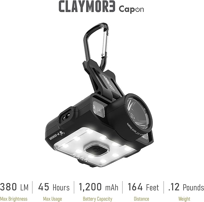 Claymore Capon 120D (Black) - Rechargeable Cap Light with Motion Sensor, Multi-Purpose Clip-On