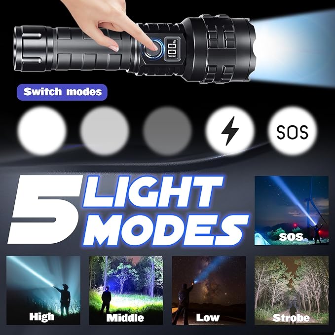 Flashlights High Lumens Rechargeable, 1000000 Lumens Hight Lumens Super Bright Handheld LED Flash