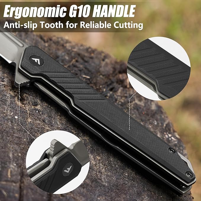 FLISSA Folding Knife, Pocket Knife with D2 Steel Blade, G10 Handle, Pocket Clip, Lightweight for