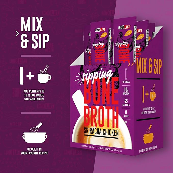 LonoLife Sriracha Chicken Bone Broth Powder Mix | 10g Protein | Collagen-Rich, Keto & Paleo