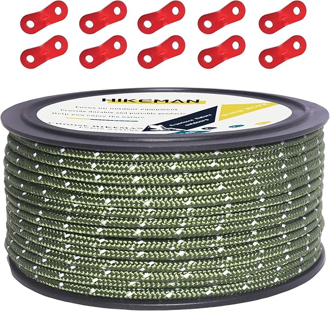 Hikeman 50m Reflective Guyline Solid Braid Nylon Camping Rope with Aluminum Adjuster Cord Tensioner