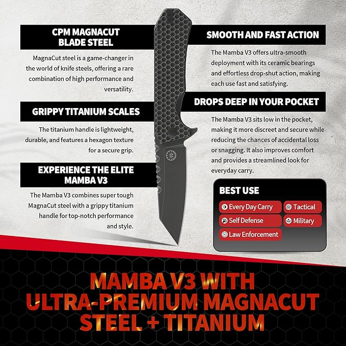 Off-Grid Knives - MAMBA V3, Large EDC Knife with MagnaCut Blade Steel, Titanium Scales and