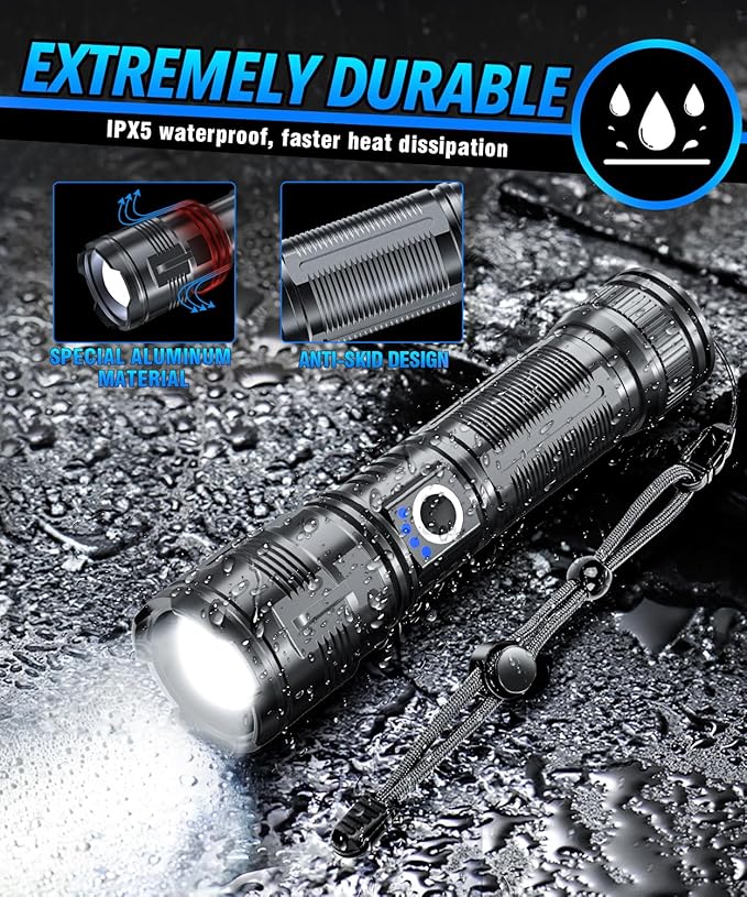 Flashlights High Lumens Rechargeable USB C Flash Light, Super Bright LED Flashlight with Case Box