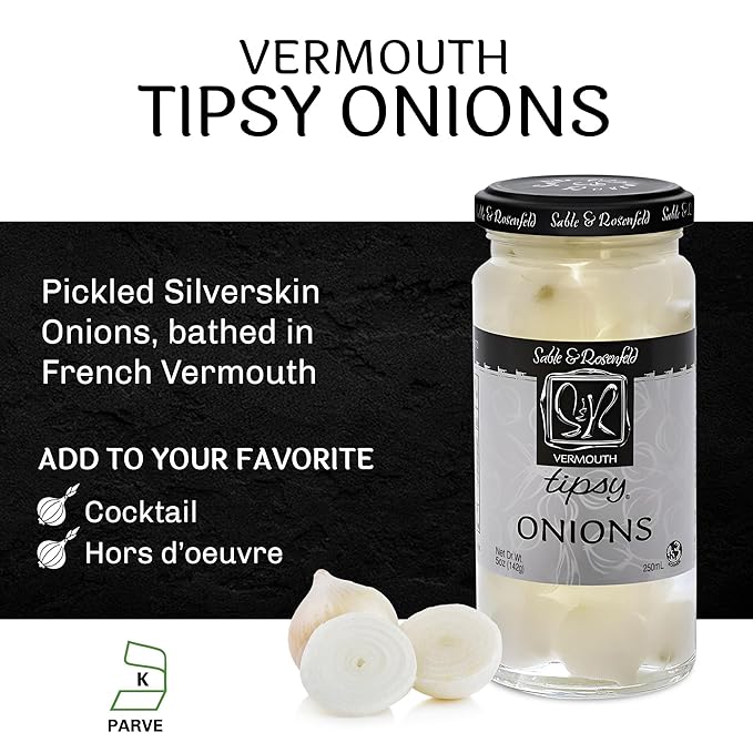 Tipsy Cocktail Onions in Jar with French Vermouth - Pickled Silverskin Onions for Cocktails