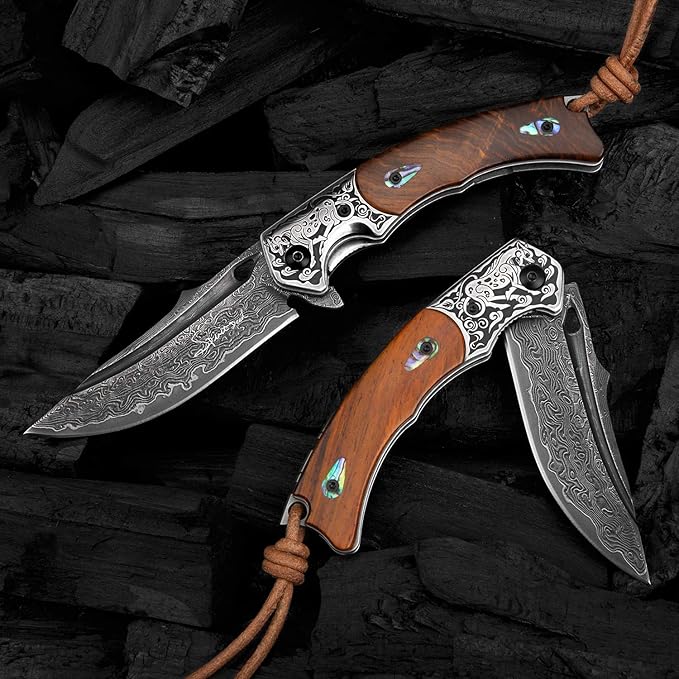Handmade Japanese VG10 Damascus Steel Folding Knife,Rosewood Liner Lock Handle, Leather Sheath,EDC