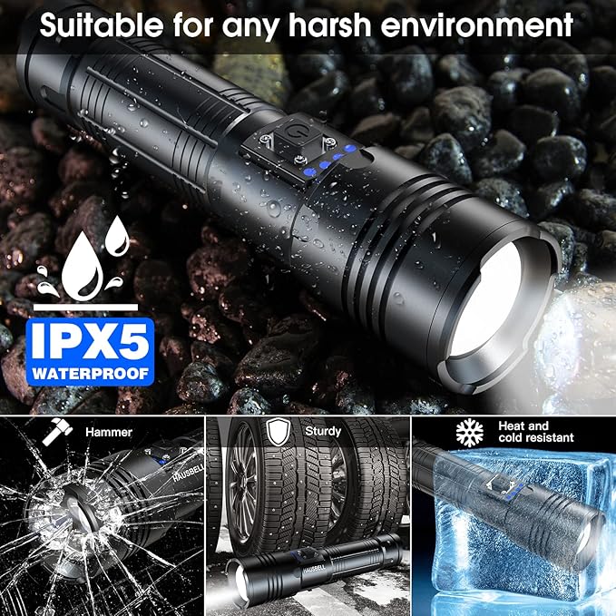 HAUSBELL A100 Upgraded LED Flashlights 20000 High Lumens, Zoomable Bright Flashlight with 5 Modes