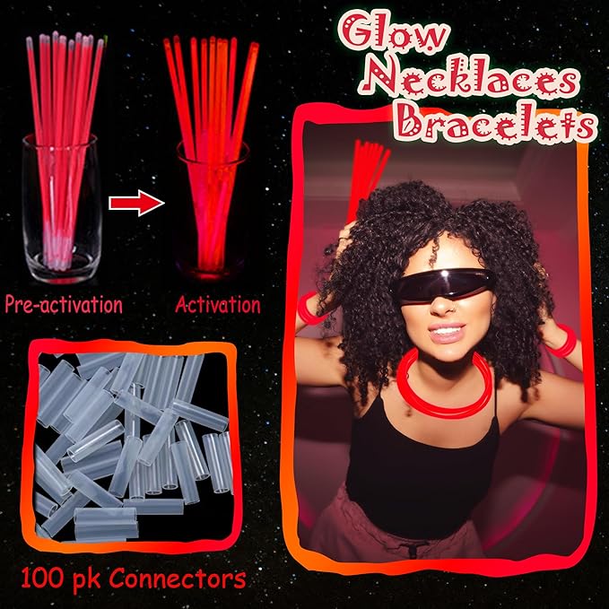 ILHSTY 100 Pcs 8'' Red Glow Sticks Glow Necklaces In The Dark Party Favors Supplies Bright