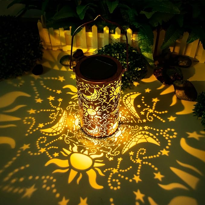 Solar Lanterns Outdoor Hanging Lantern Lights,Sun Moon Metal Decor Lanterns-Waterproof LED