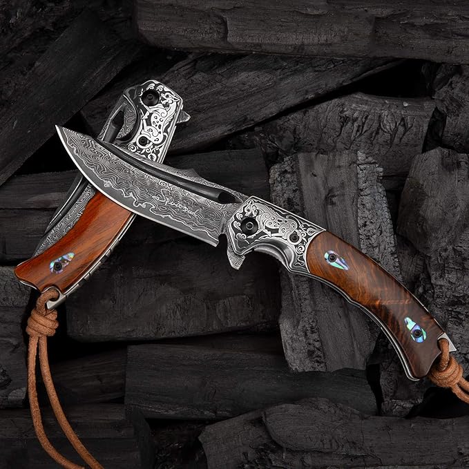 Handmade Japanese VG10 Damascus Steel Folding Knife,Rosewood Liner Lock Handle, Leather Sheath,EDC