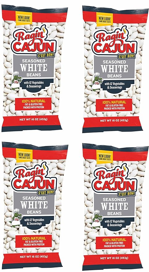 Ragin' Cajun Seasoned White Beans - 16 oz Pack, Pack of 4, Fat-Free, Gluten-Free, Reduced Sodium