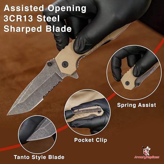 Armory Replicas??Spring Assisted Tanto Folding Knife ??3CR13 Steel Blade with Serration, G10