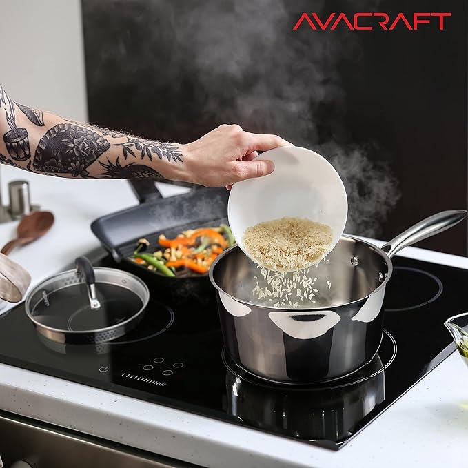 AVACRAFT Stainless Steel Saucepan with Glass Lid, Strainer Lid, Two Side Spouts for Easy Pour with