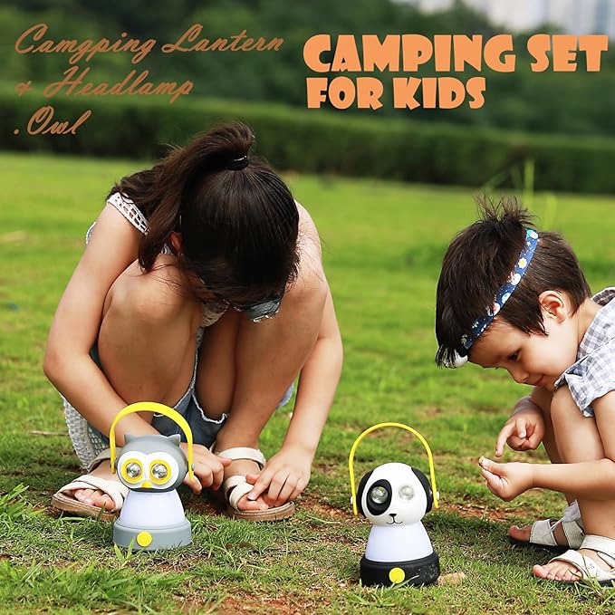 Kids Owl Lantern & Headlamp Set, 2-in-1 360° LED Camping Night Light, Battery Powered 3×AA