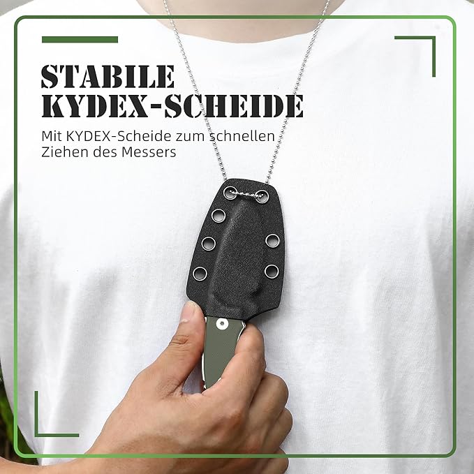 Omesio Neck Knife with Sheath and Necklace, 5.43" Small Fixed Blade Knife, Full Tang with Clip, D2