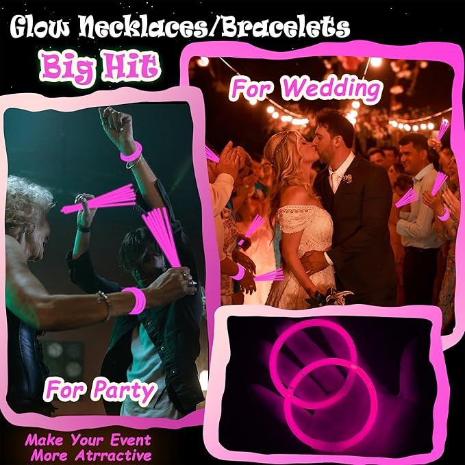 100 pk 8" Pink Glow Sticks Bulk Party Favors, Light up Glow Necklaces & Bracelets in the Dark Party