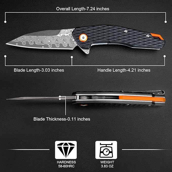 Damascus Folding Knife, 3.03" Damascus Steel Blade Pocket Knives with Clip, Black Aluminum Handles