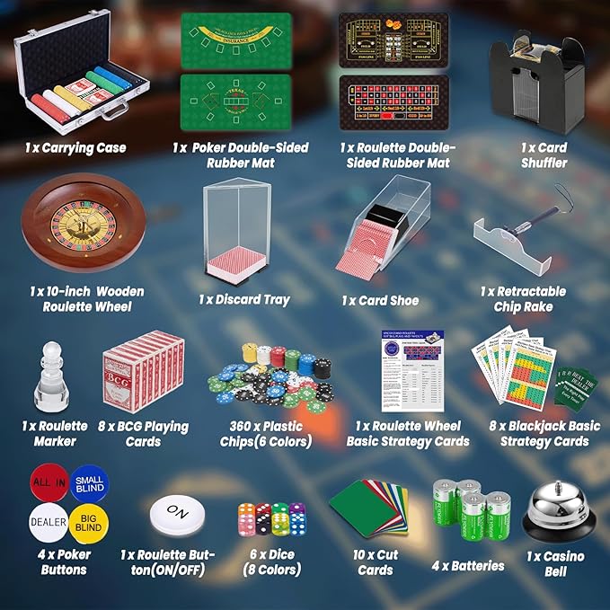 5 in 1 Super Casino Game Set: Blackjack/Texas Hold'em/Roulette/Craps/Poker Kit, 10" Wooden Roulette