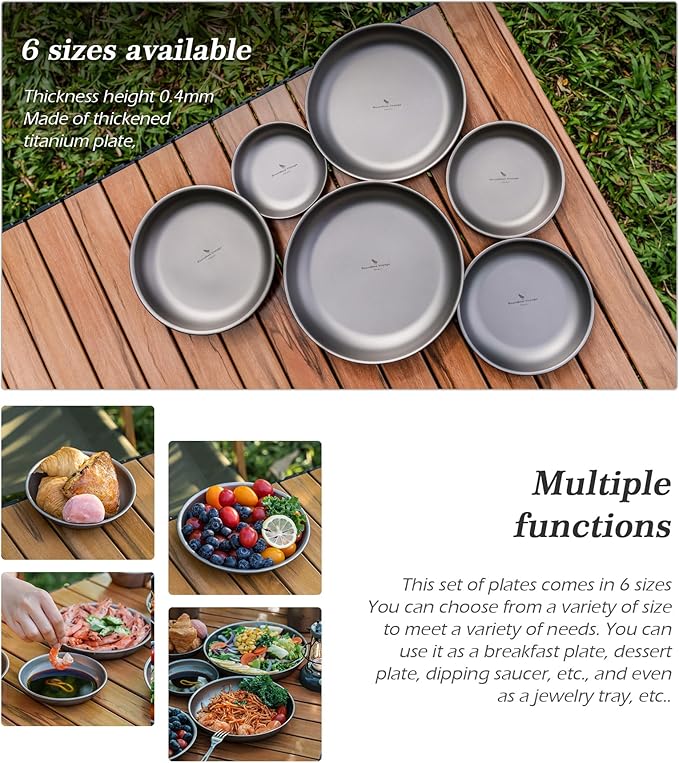 Boundless Voyage Titanium Camping Plate Dishes Saucer Lightweight Round Dinnerware Set Stackable