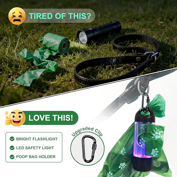 2-Pack Dog Poop Bag Holder with Flashlight 7-Color, USB-C Rechargeable doggie bag holder for leash