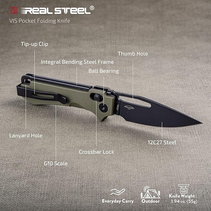 REALSTEEL VIS Pocket Knife, Folding Knife, Crossbar Lock, 2.72" Small 12C27 Steel PVD Black Blade