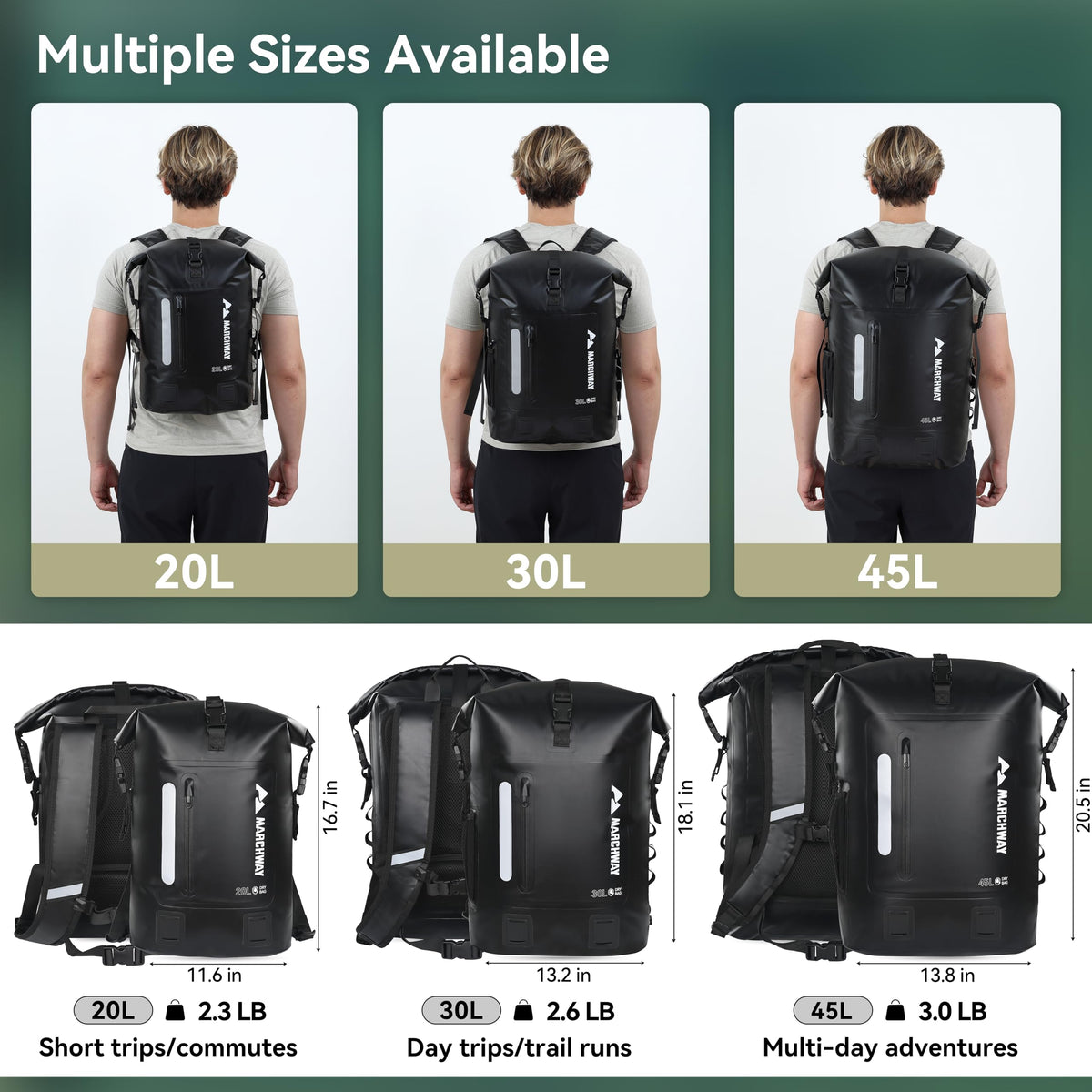 MARCHWAY Roll Top Waterproof Backpack, Floating Dry Bag 20L/30L/45L with Ergonomic Rectangular