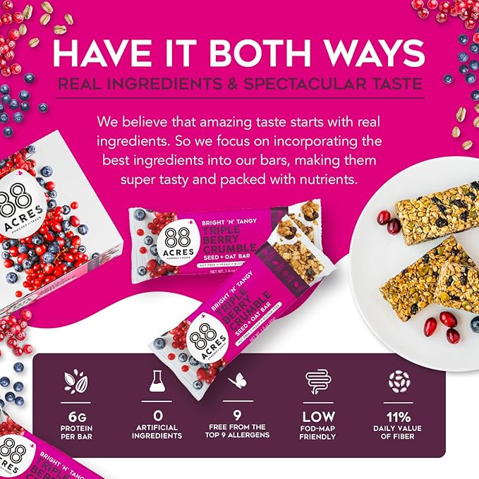 88 Acres Granola Bars | Triple Berry | Gluten Free, Nut-Free Oat and Seed Snack Bar | Vegan & Non