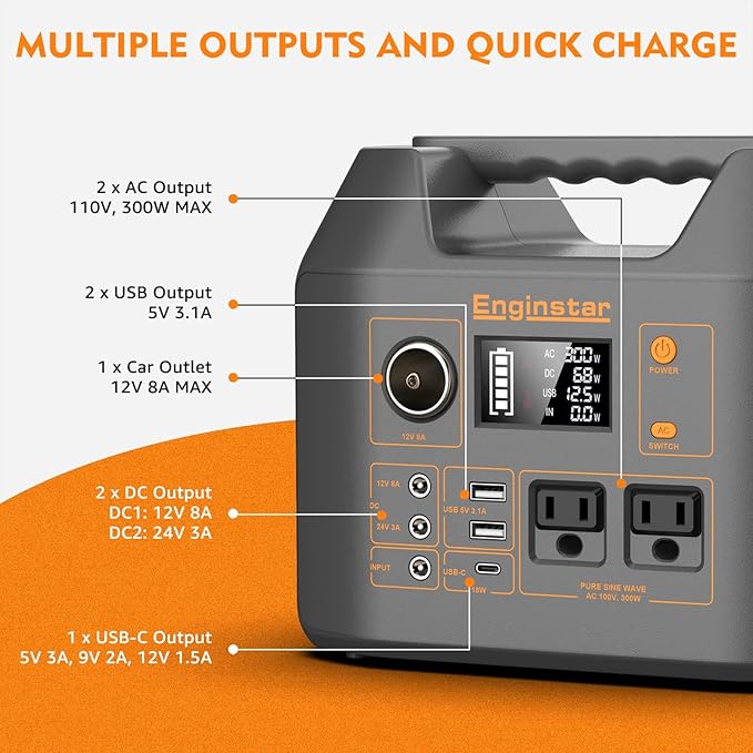 Enginstar Solar Generator, 296Wh Portable Power Station, 110V Pure Sine Wave, 80000mAh Backup
