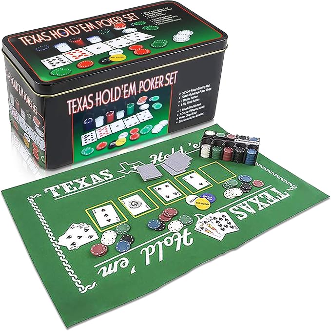 Gamie Texas Holdem Poker Game Set - Includes Hold?™em Mat, 2 Card Decks, Chips, Chip Holder and Tin