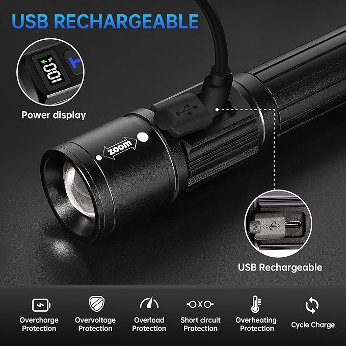 Rechargeable Flashlights 2 Pack, Super Bright High Lumens Flash Light, 5 Modes Zoomable Linternas