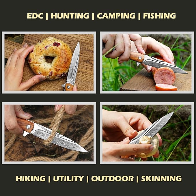 YOUSUNLONG Camping Folding Knife - Hammered Damascus Steel Blade - Italian Olive Wood Cover