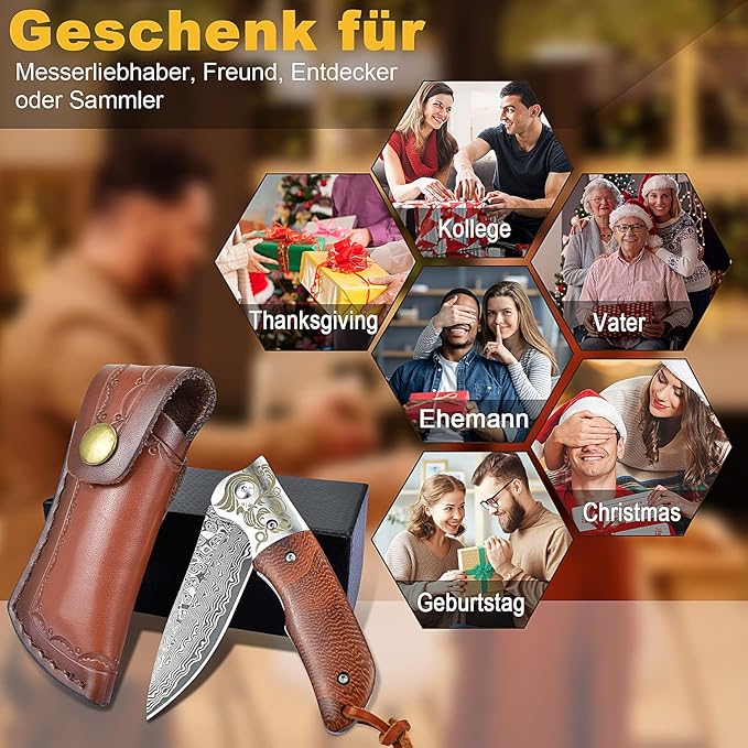 AUBEY Damascus Pocket Knife with Clip, Folding Knives with VG10 Damascus Steel Blade, Wooden