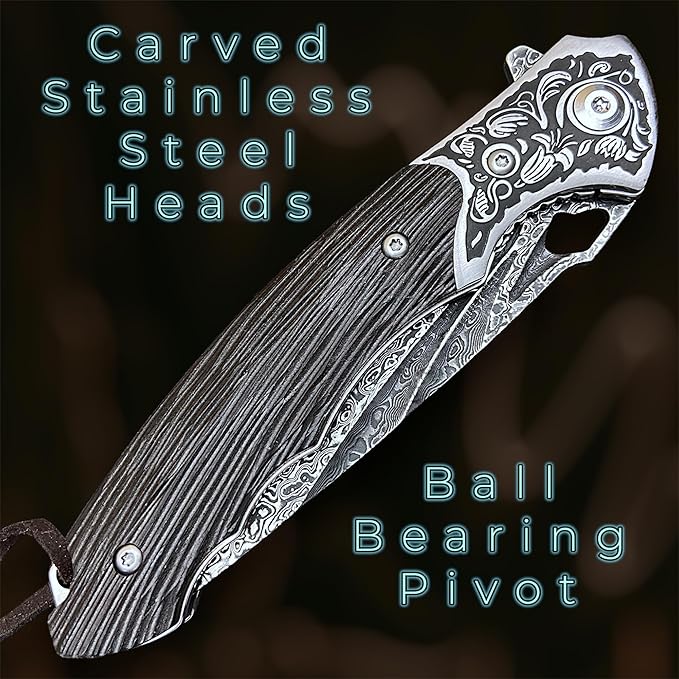 TACTICAL GEARZ Damascus Pocket Knife, Ebony Handle w/Carved Steel Head, Multi-Layered Damascus