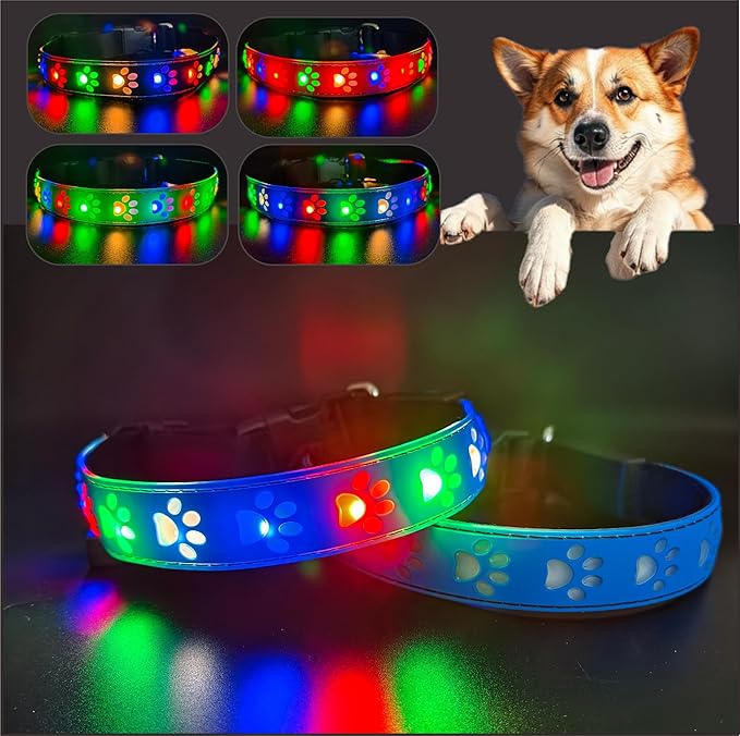 LED Light Up Dog Collar, USB-C Rechargeable, Multicolor Paw Print Design, 15 Modes Lighting Night