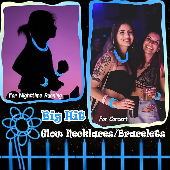 ILHSTY 100 pk 8'' Blue Glow Sticks Glow Necklaces In The Dark Party Favor Supplies Bright