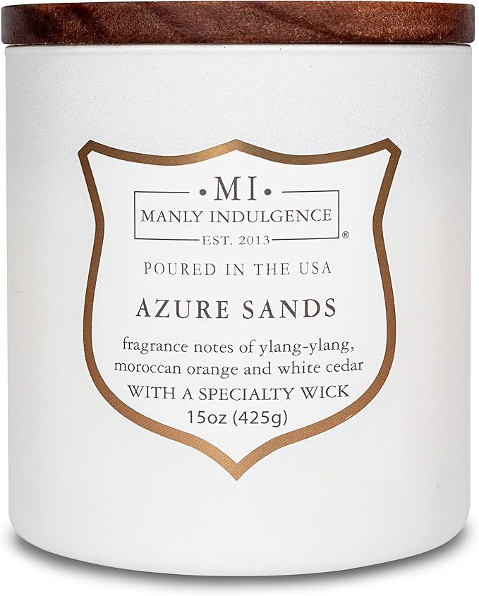 Manly Indulgence Azure Sands Scented Candles for Men, 15 oz Wooden Wick, Premium Soy Blend Wax, 60H