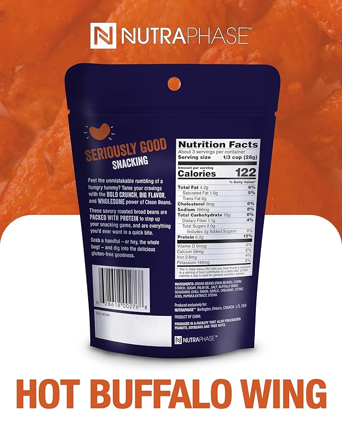 Clean Beans Broad Fava Beans Snack - Hot Buffalo Wing Flavor, 6g Protein, Low Sugar, Non-GMO
