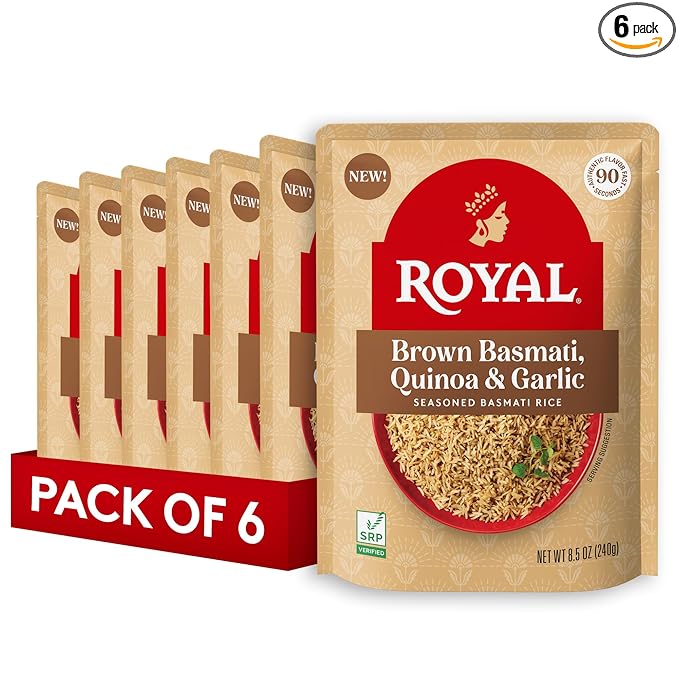 Royal Basmati Brown Rice with Quinoa and Garlic - Ready to Heat Basmati Rice - (6 Pack) 8.5 oz