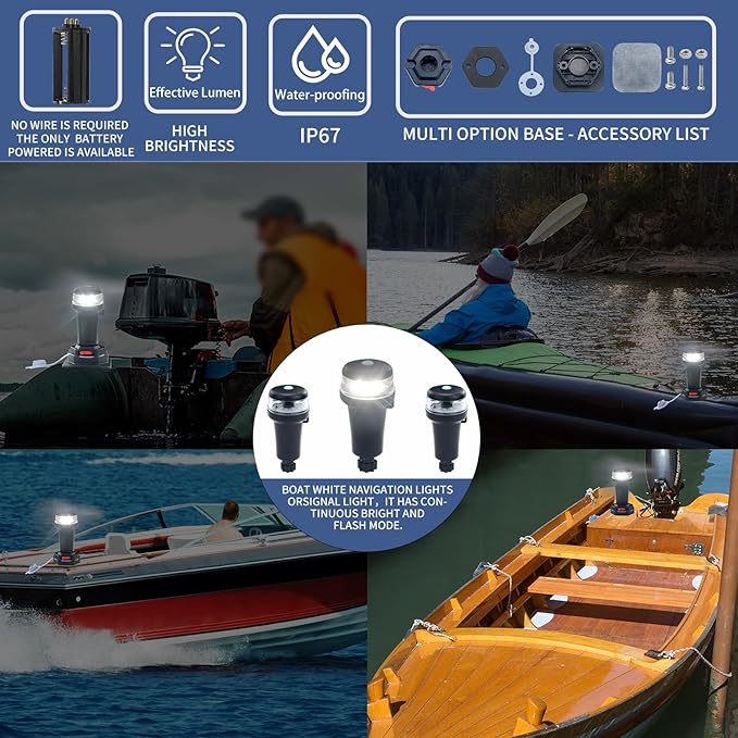 Kayak Battery Portable Navigation LED Lights Multi- Adaptors 3AA Battery Inflatable Boat Surface
