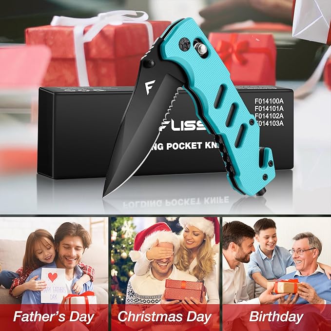 FLISSA Folding Pocket Knife with Clip, Glass Breaker and Seatbelt Cutter, Survival Knife for