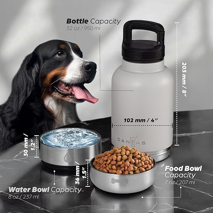 Insulated 32oz Stainless Steel Dog Water Bottle with Food & Water Bowls, Leak-Proof Pet Travel