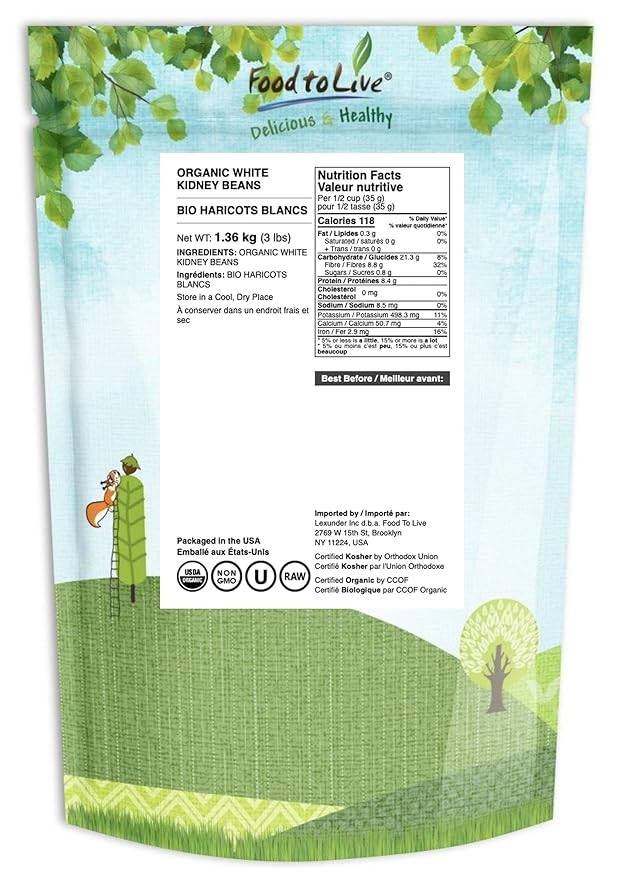 Food to Live Organic White Kidney Beans, 3 Pounds Whole Raw Dried Beans, Vegan, Kosher, Bulk. Rich