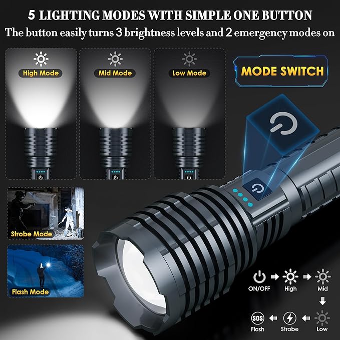Super Bright Rechargeable Flashlights 2400.000 High Lumen, Powerful LED Flashlight, IPX7 Waterproof