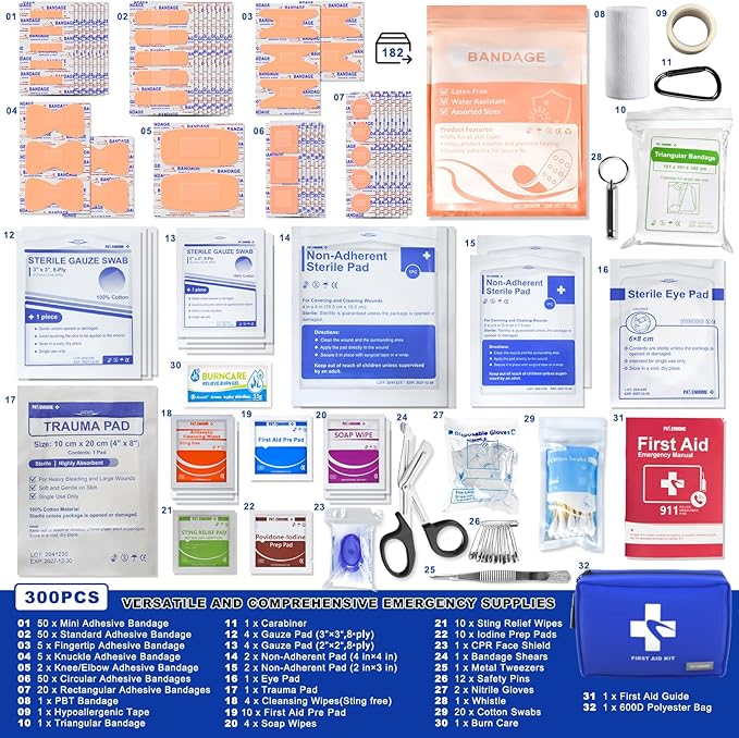 300 PCS First Aid Kit for Home, Car, Travel, Camping, Hiking, Truck, Office, Businesses, Sports &