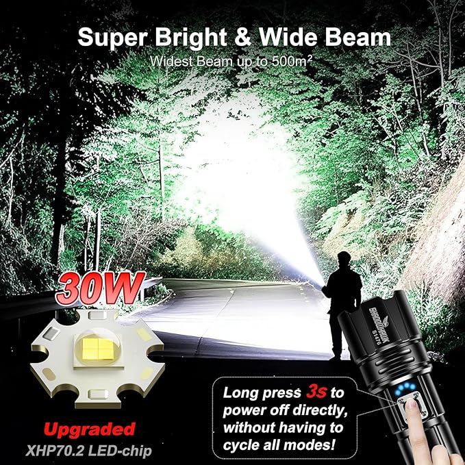 Flashlight 2000 High Lumens Rechargeable - 30W Super Bright LED Flash Light | 5000ft Beam & 12H