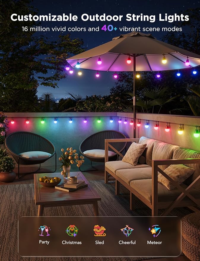 Govee Smart Outdoor String Lights 2, 48ft Outdoor Lights with Dimmable Warm White LED Bulbs, 47