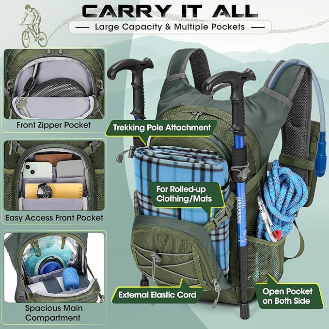 Hydration Backpack with Water Bladder, 18L Lightweight Hiking Backpack for Women&Men Small